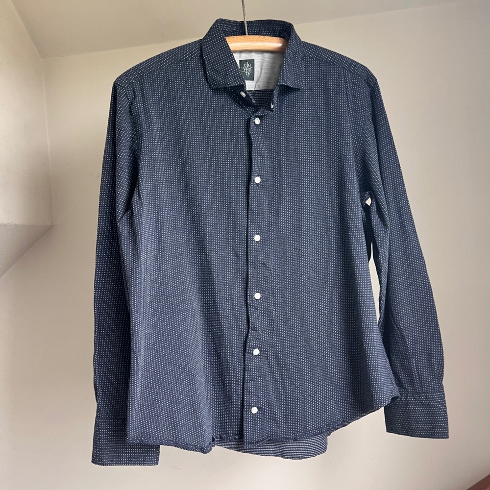 Eleventy Button Down Shirt Size 42 Navy Polka Dot Italian Cotton Luxury Office